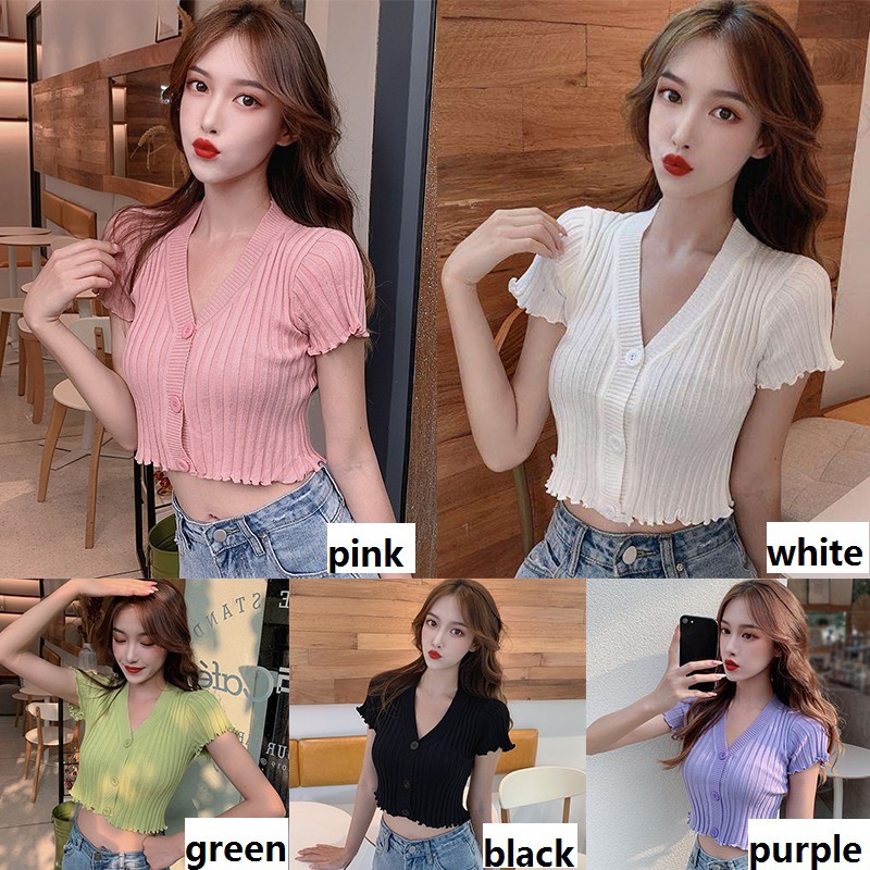 Áo croptop nữ dệt kim cổ chữ V tay ngắn màu ngọt ngào thời trang