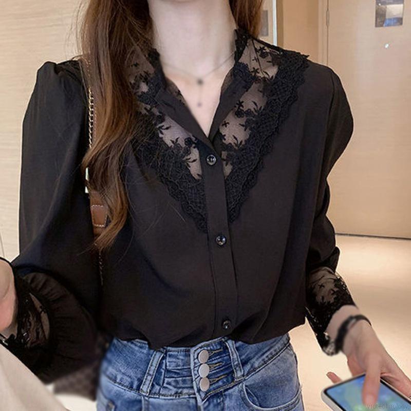 Áo Sơ Mi Chiffon Tay Dài Cổ Chữ V Phối Ren Thời Trang Mùa Hè Cho Nữ