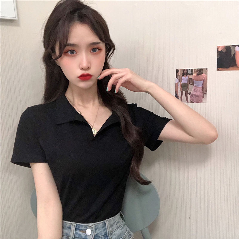 Áo thun croptop cổ polo ngắn tay màu sắc đa dạng cho nữ