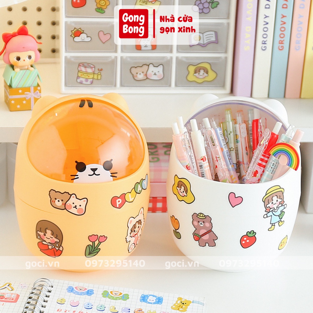 Thùng rác mini có nắp đậy để bàn hình gấu mèo cute   sọt đựng rác thông minh dễ thương văn phòng phẩm