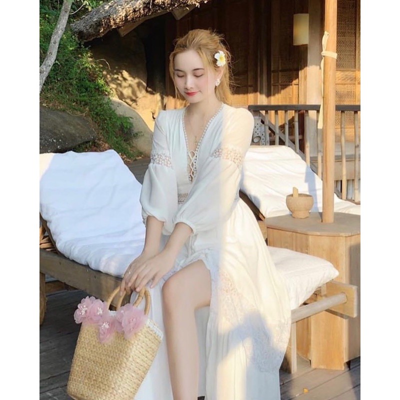 Đầm maxi trắng❤️Hình thật❤️Đầm maxi trắng cổ V | BigBuy360 - bigbuy360.vn