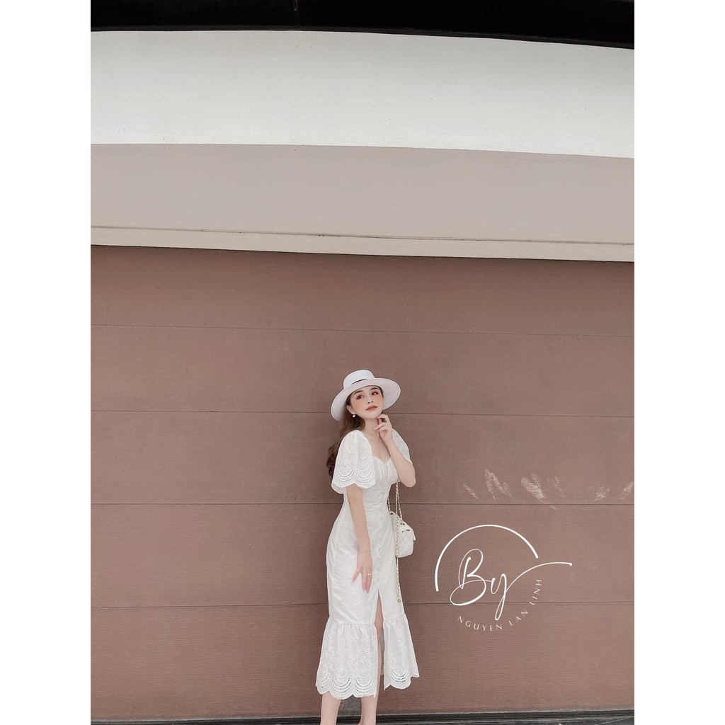 Váy thô ren thêu đuôi cá cúc bọc tay cánh tiên trắng thiết kế 2 lớp | BigBuy360 - bigbuy360.vn
