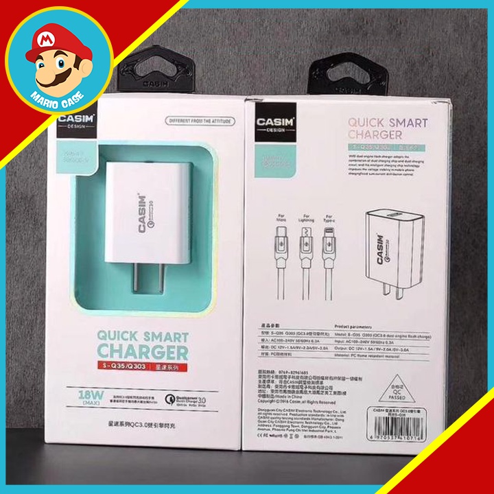 Củ cốc Sạc Nhanh 18W CASIM S-Q35 Tương thích Nhiều thiết bị - Hàng chính hãng - Bảo hành 10 năm Mario Case