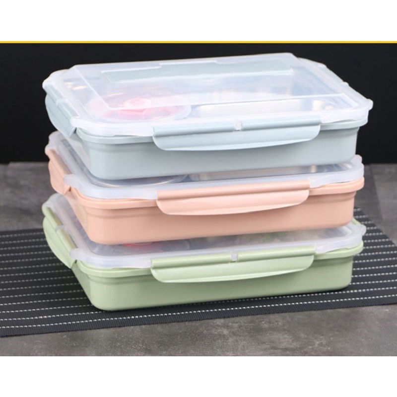 KHAY CƠM,Hộp đựng đồ ăn 5 ngăn bằng thép 304 31.5x25cm (có muỗng + đũa + bát súp),,,