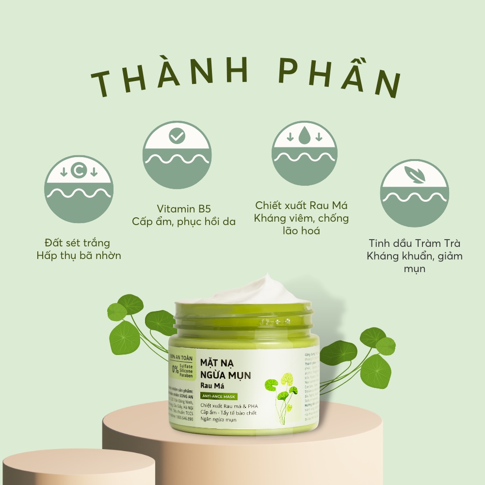 Mặt Nạ Đất Sét Rau Má Cho Da Mụn Da Dầu Nhạy Cảm Cỏ Mềm 60g