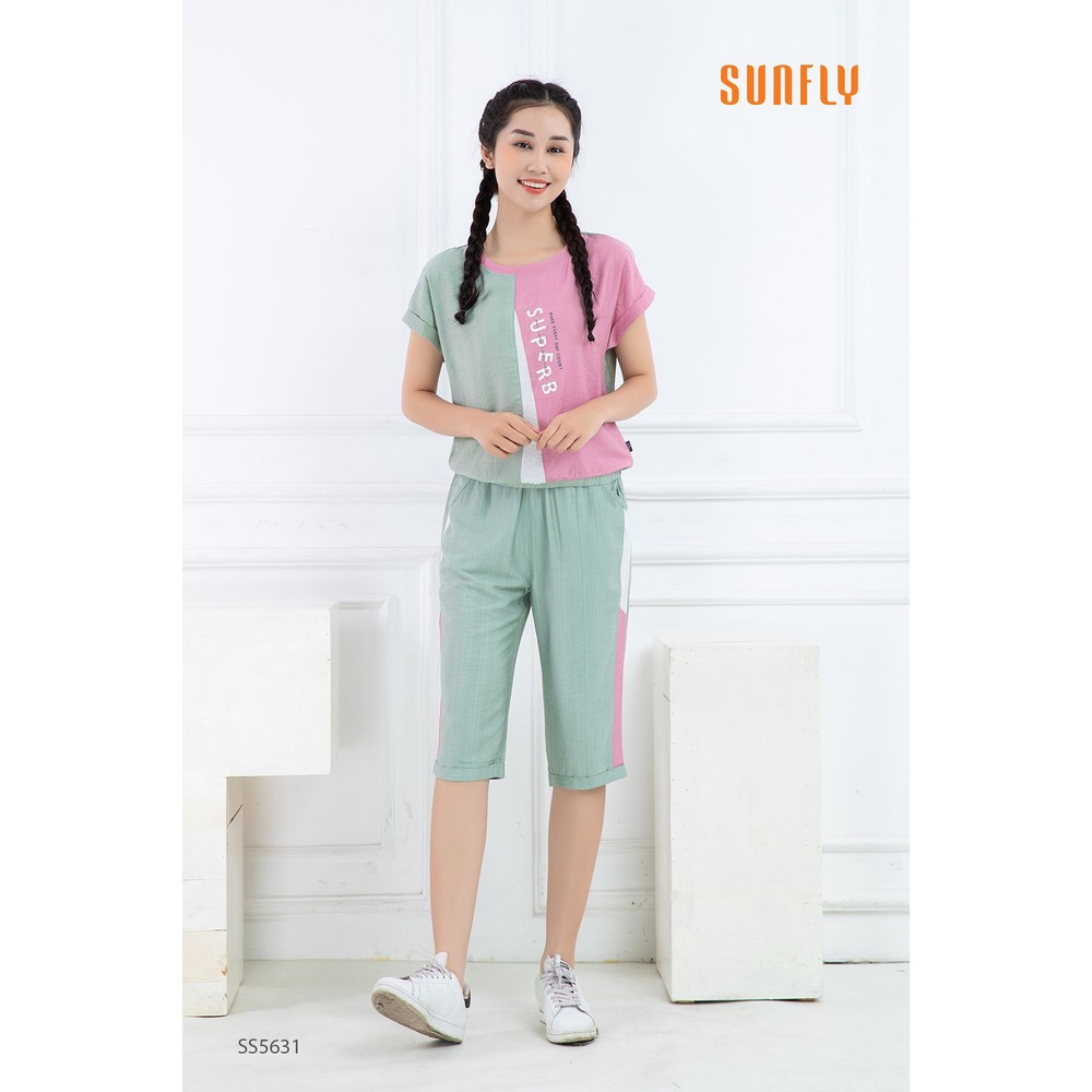 Bộ đồ lanh mặc nhà Sunfly, set đồ lanh thể thao cho nữ dáng áo cộc quần ngố phối viền chữ đơn giản năng động SS5631