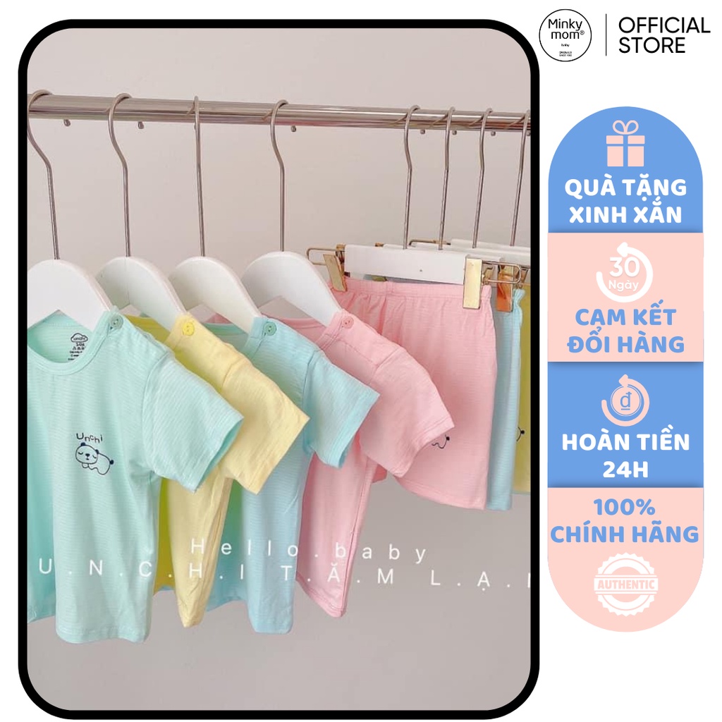 [SALE] Bộ Cộc Tay Cho Bé Trai, Bé Gái UNCHI Vải Thun Lạnh Petit Sọc Ngang In Ngực, Bộ Sơ Sinh Cho Bé Mặc Nhà Hè UN2208