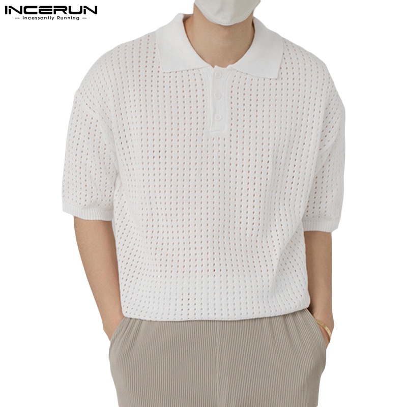 Áo thun polo INCERUN ngắn tay phối lưới thoáng khí dành cho nam