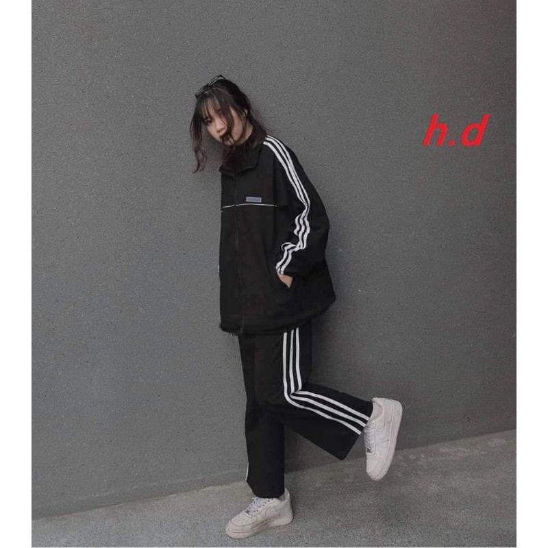 bộ nỉ nam nữ áo khoác 3 sọc kẻ + quần 3 rót đen , sét trang phục thu đông, form rộng unisex freesize ulzzang giá rẻ nhất