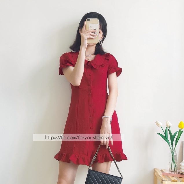 Váy đỏ đô FORYOU đầm cổ sen bèo tay bồng cúc giữa nhún bèo chân váy - Suri Dress