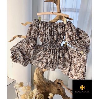 SET ÁO TRỄ VAI DG HỌA TIẾT DÁNG PEPLUM QUẦN ĐÙI HOT HIT
