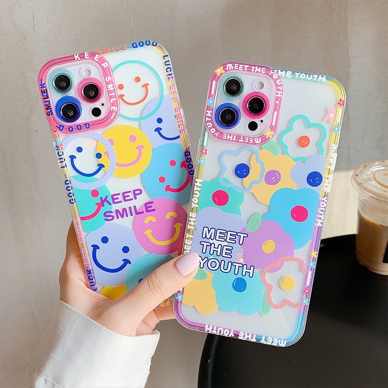 Ốp Điện Thoại TPU Mềm Trong Suốt Họa Tiết Hoa Mặt Cười Nhiều Màu Dễ Thương Cho iPhone 13 Pro Max 12 11 X XS XR 7 8 Plus