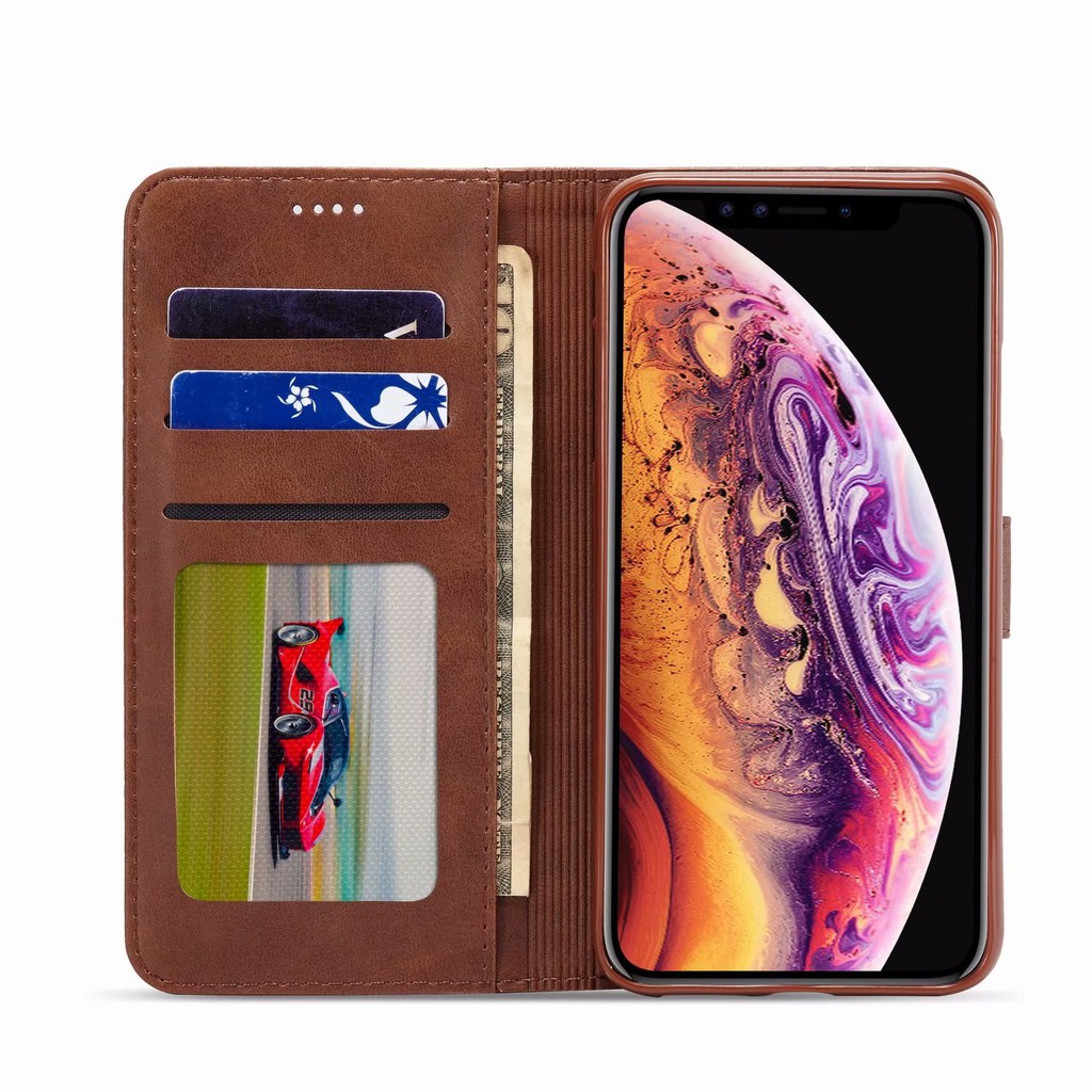 Bao da điện thoại màu trơn chất liệu da bò có ví tiền tiện dụng cho Iphone XS XR XS Max 11 11Pro max 12 12Pro max 12mini