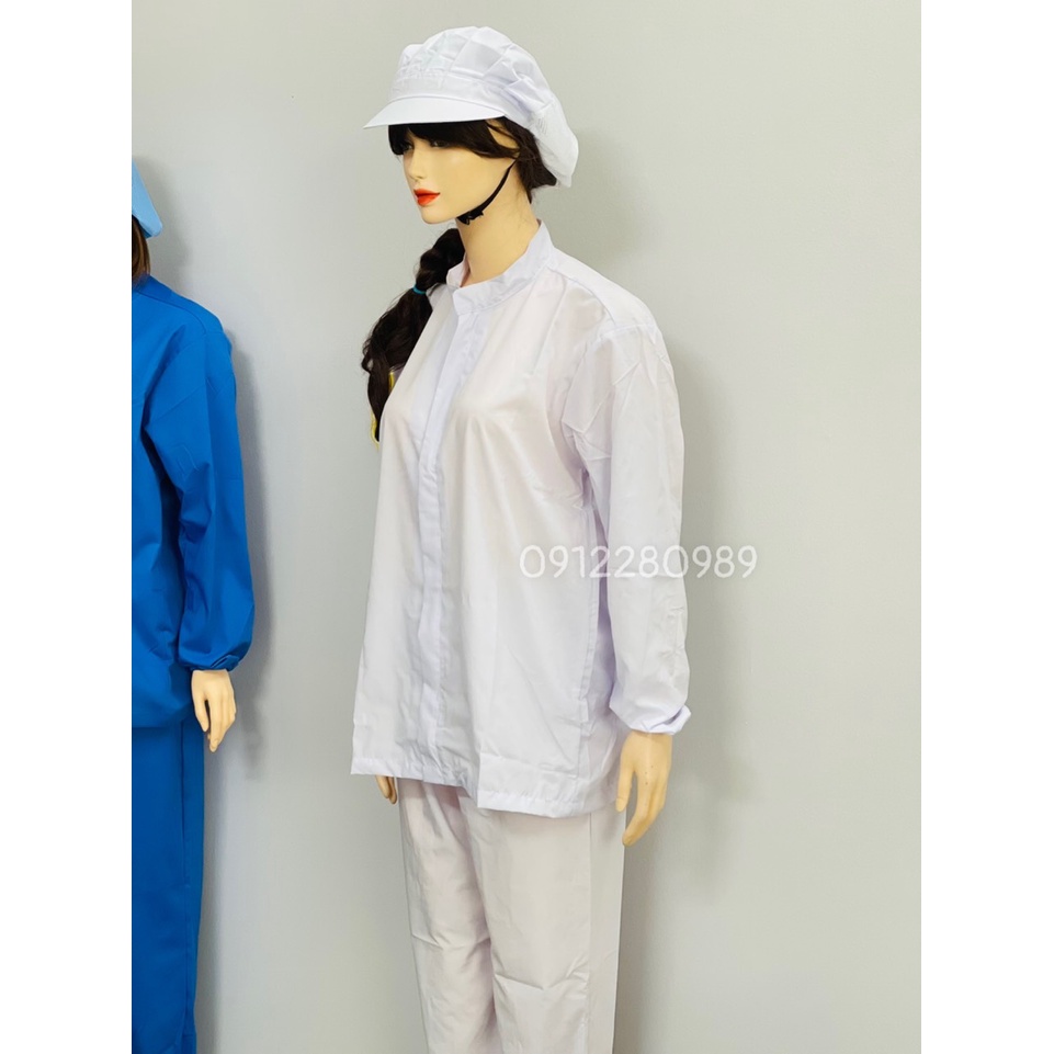Đồng phục ngành thực phẩm, thủy sản vải silk mịn mát màu trắng dài tay _ Hình chụp thật