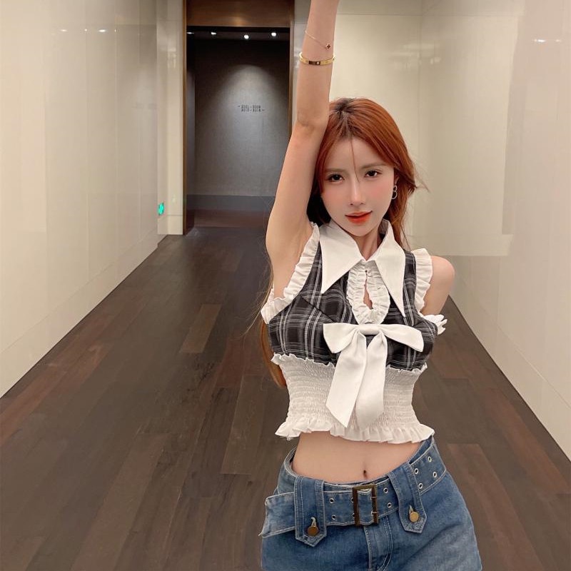 Áo Kiểu Không Tay Phối Nơ Họa Tiết Sọc Caro Quyến Rũ Thời Trang