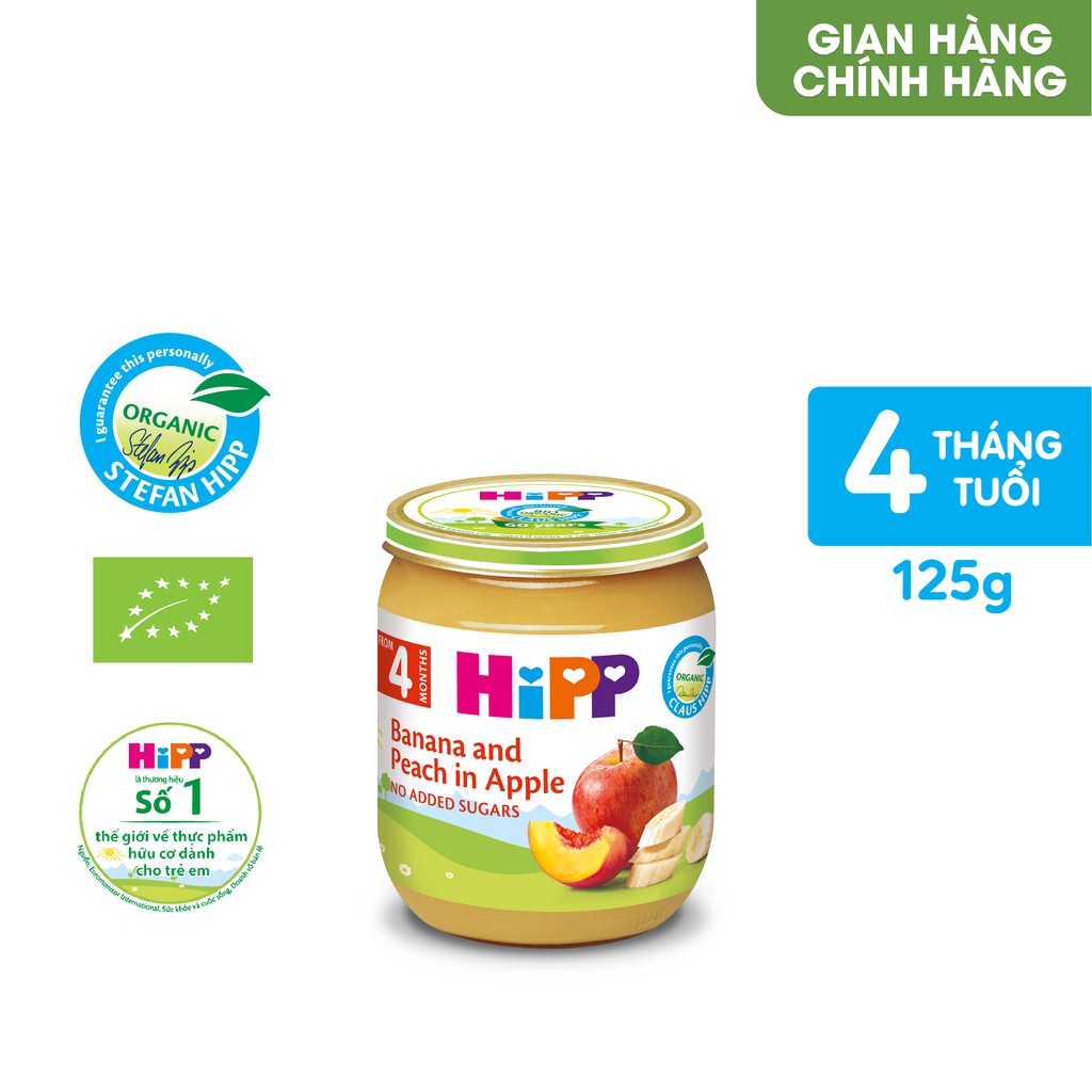 Dinh dưỡng đóng lọ ăn dặm HiPP Organic Chuối, Đào, Táo - 125g