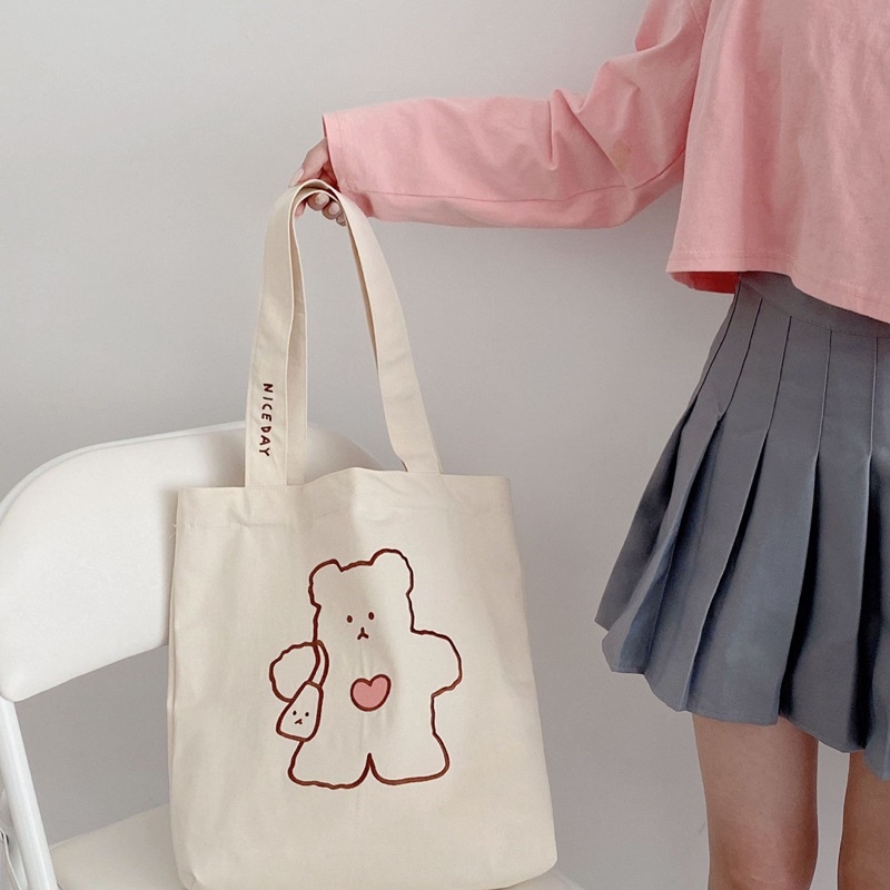Túi tote style Hàn quốc gấu, heo hình thêu(có sẵn)