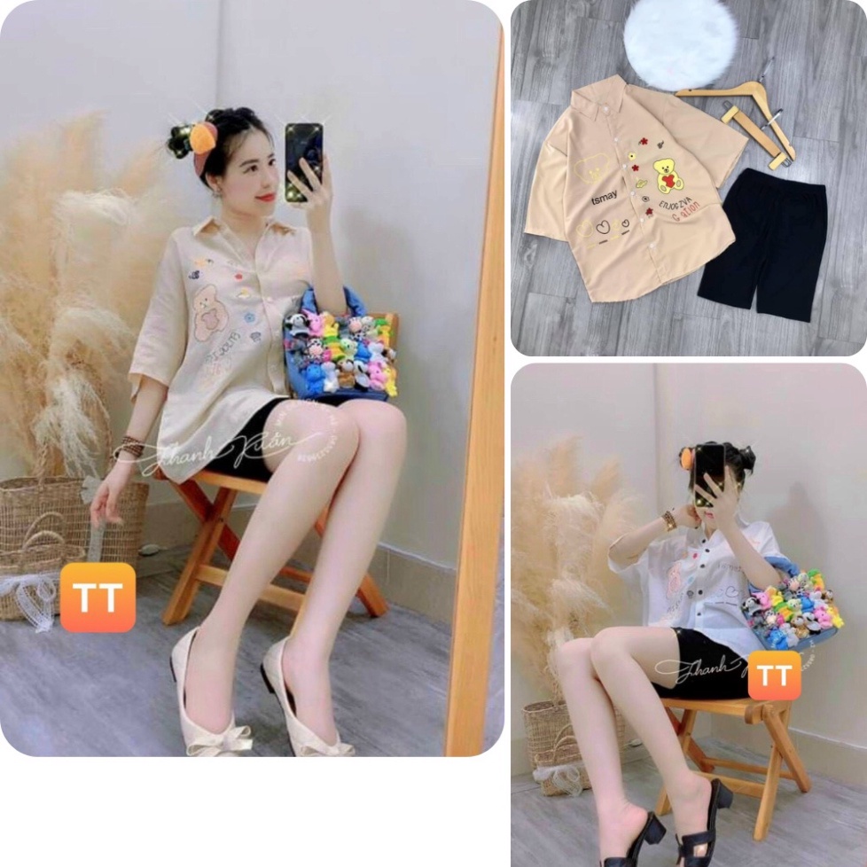 [HCM] Set bộ nữ, set bộ áo sơ mi from rộng quần thun icon dễ thương from 60kg SKUS-117