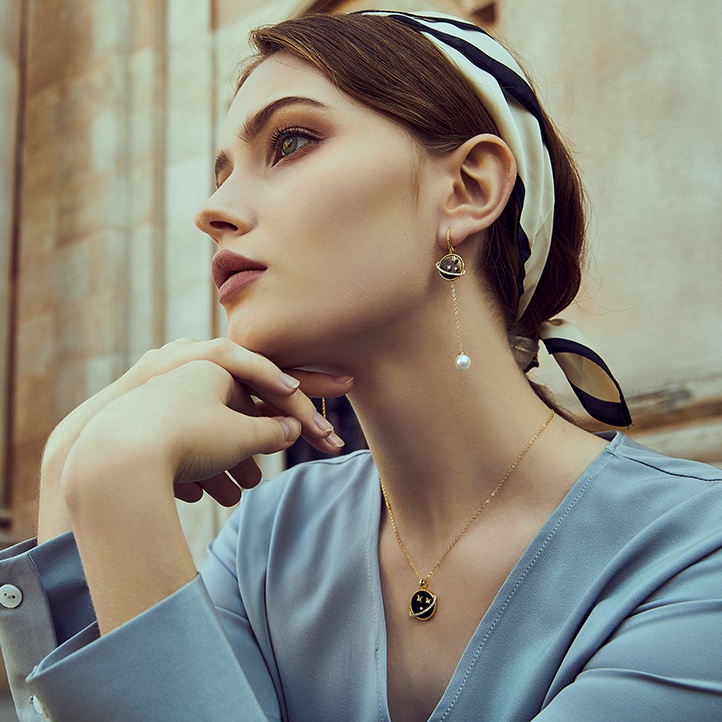 Dây chuyền/ Đôi khuyên tai BAMOER bạc 925 đính đá sa thạch xanh dương đậm và ngọc trai nhân tạo thời trang