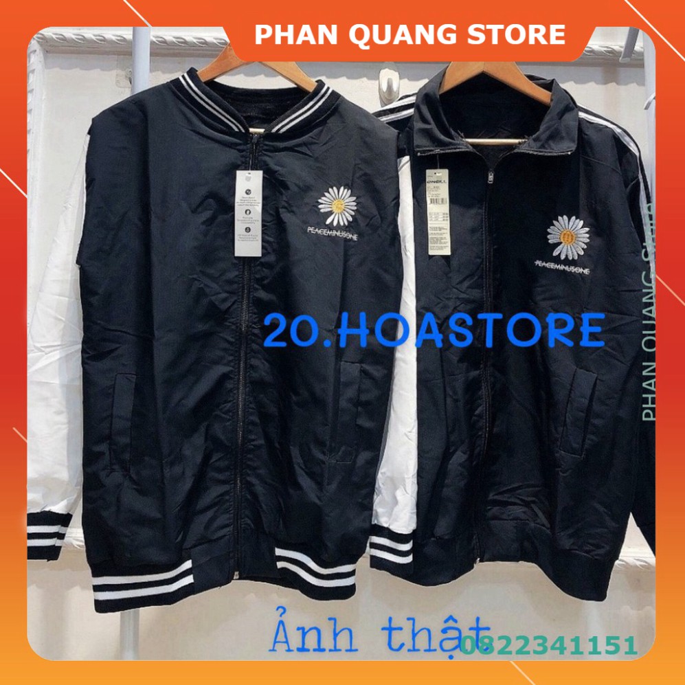 👗 ÁO KHOÁC HOA CÚC PEACEMINUSONE SỌC VIỀN 2 KIỂU - BOMBER JACKET THÊU HOA SỌC RAGLAN TRẮNG ĐEN HOT PQ-Shop