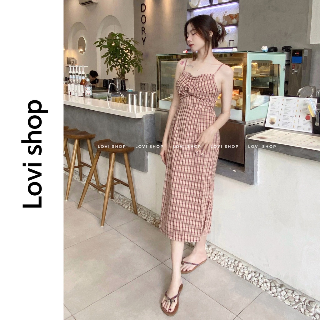 LOVI SHOP- Đầm hai dây caro nơ xoắn ngực suông dài Checked dress