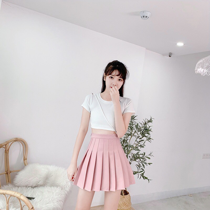 CHÂN VÁY XẾP LY TENNIS SKIRT CHỮ A dáng ngắn HỒNG ĐEN - QUẦN GIẢ VÁY chất đũi dáng tennis