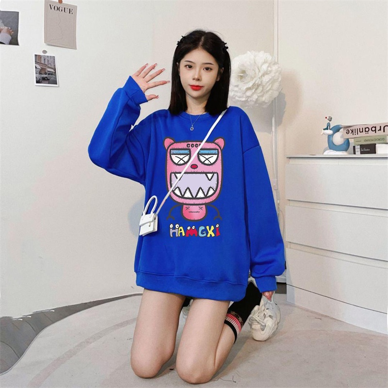 Áo sweater IELGY cổ tròn dáng rộng in hình hoạt hình xinh xắn cho nữ