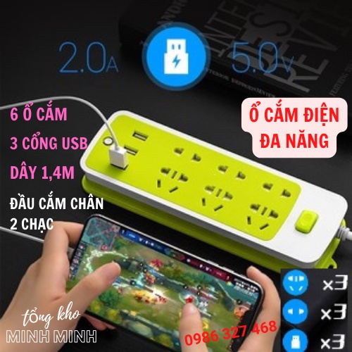 [Lỗi 1 Đổi 1] Ổ Cắm Điện Đa Năng Chống Giật, Ổ Điện Xanh 16 Lỗ, 6 Ổ Cắm - Có Lỗ Cắm Sạc USB