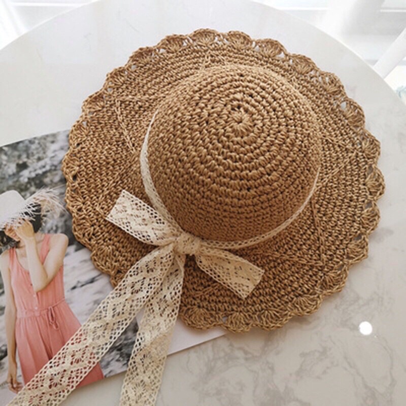 Mũ cói mềm nơ ren tiểu thư phong cách Vintage- mũ gấp gọn cuộn nhỏ bỏ túi xách vali đi du lịch