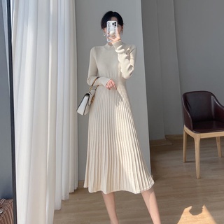 Đầm dệt kim tay dài chiết eo thời trang thanh lịch cho nữ