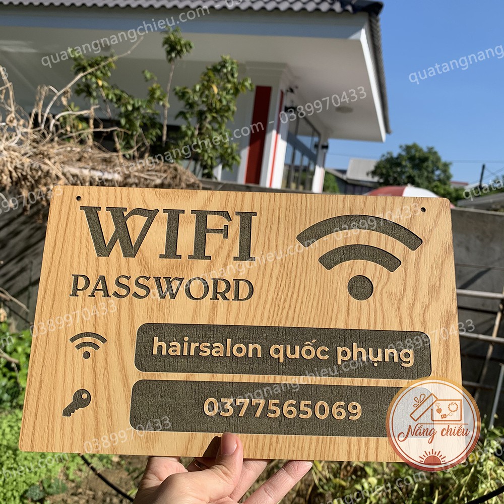 Bảng wifi cho quán cắt tóc,  treo tường, làm bằng chất liệu gỗ tự nhiên , khắc laze sắc nét