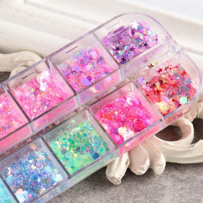 12 Colors Snowflake and Maple Leaf Shape Nail Glitter Decoration Chunky Glitter Manicure Nail Designs Accessories