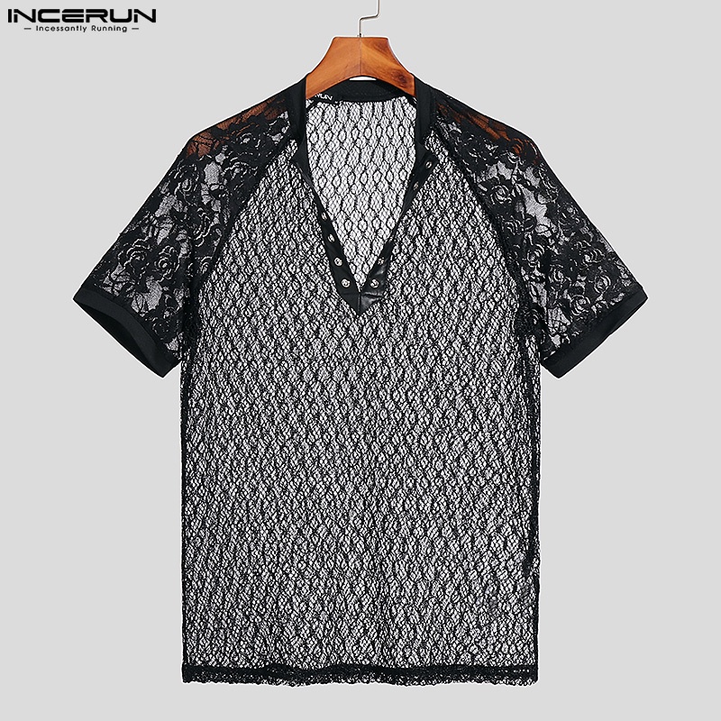 INCERUN Áo Lưới Xuyên Thấu Ngắn Tay Cổ V Gợi Cảm Cho Nam