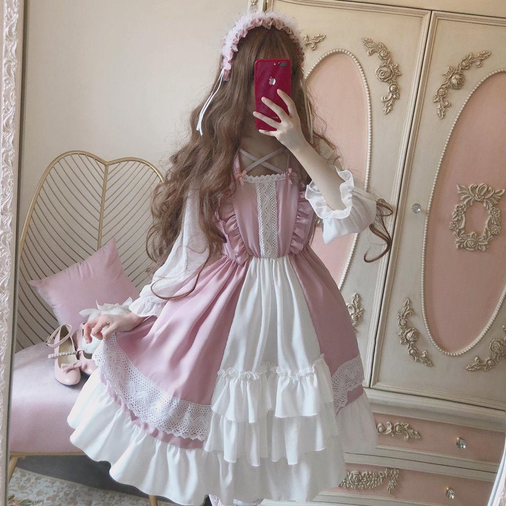 Đầm tay dài chất liệu mềm mại phong cách Lolita Nhật Bản dễ thương cho nữ