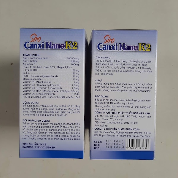 Hộp 20 ống - Siro canxi ống cho trẻ từ 0 tháng tuổi bổ sung Vitamin D3 K2 MK7 - Siro CANXI NANO K2 - AQUAMIN F