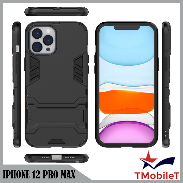 Ốp Lưng Apple iPhone 12 Pro Max iRon Man chống sốc Bảo Vệ Điện Thoại Có Chân Chống Xem Video - Màu Đen