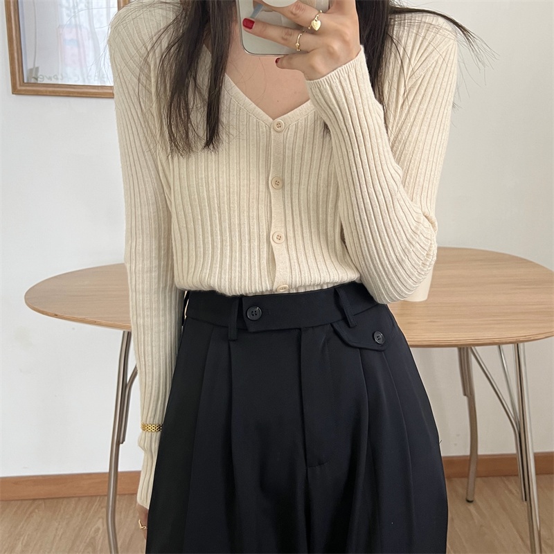 SUXI Áo Cardigan Dệt Kim Tay Dài Cổ Chữ V Màu Sắc Đơn Giản Cho Nữ