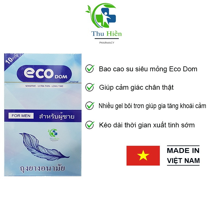 Bao cao su siêu mỏng trơn Eco thái lan nhiều gel bôi trơn kéo dài thời gian chống xuất tinh sớm ( Hộp 10 cái )