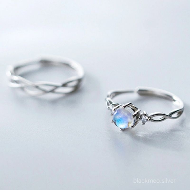 Nhẫn cặp, nhẫn đôi bạc đính đá xanh Moonstone nhân tạo, đá xanh bạc 925