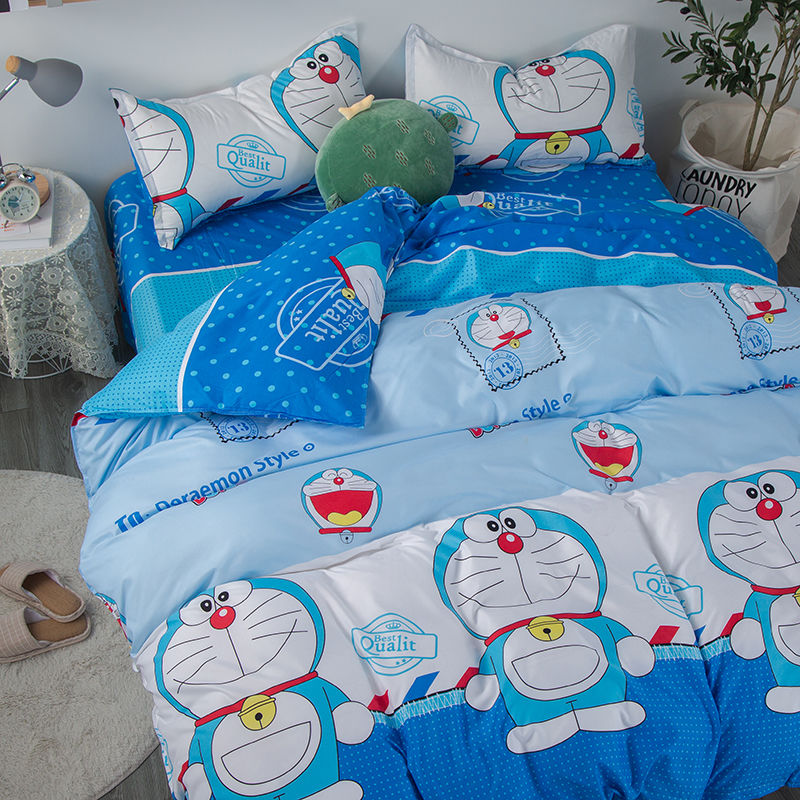 Bộ 4 Vỏ Chăn Ga Gối Đệm Màu Xanh Họa Tiết Doraemon Dễ Thương