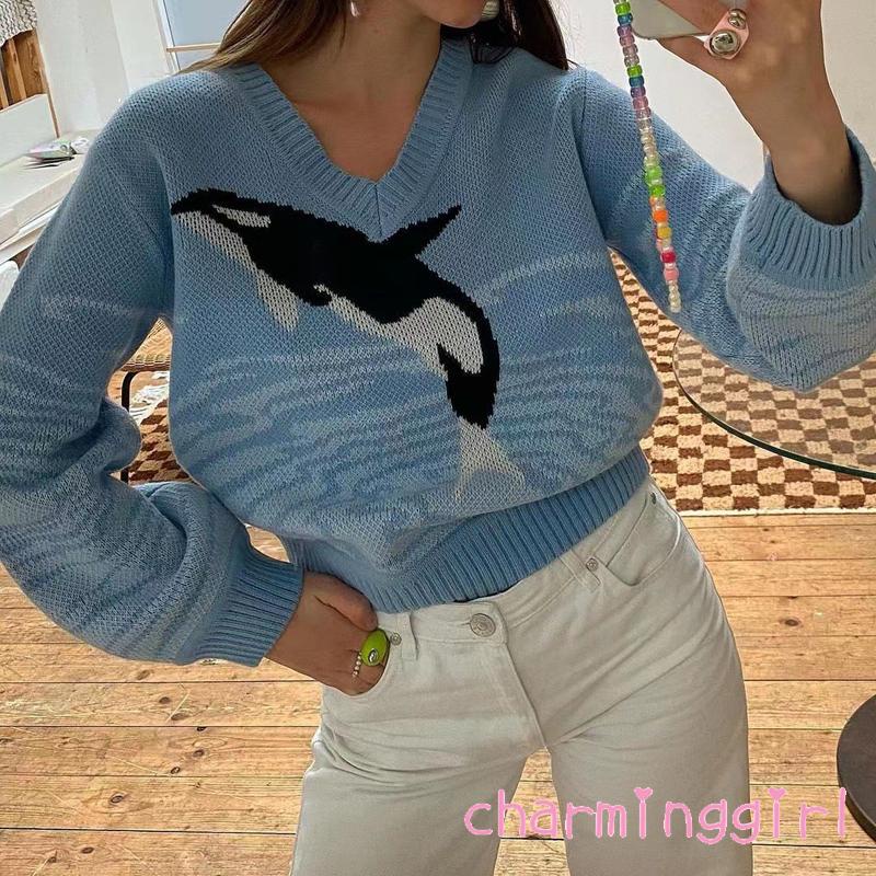 Áo sweater len dệt kim tay dài cổ chữ V dáng rộng in họa tiết cá heo hoạt hình thời trang dành cho nữ