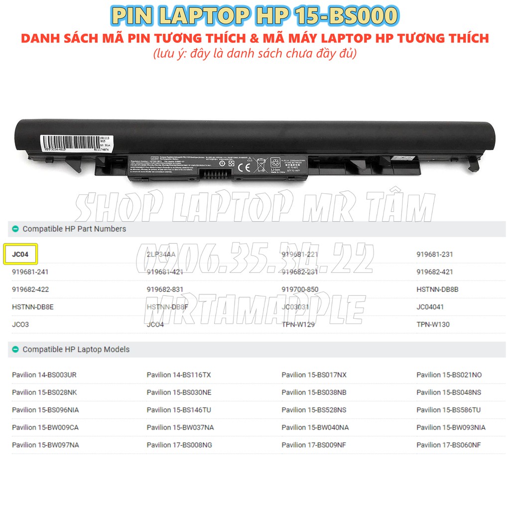 Pin Laptop HP 15-BS000 (JC04) - 4 CELL - HP 15-BR000, 15-BS000, 15-BU000, 15-BY000, 15-BW000, 17-AK000, 17-BS000