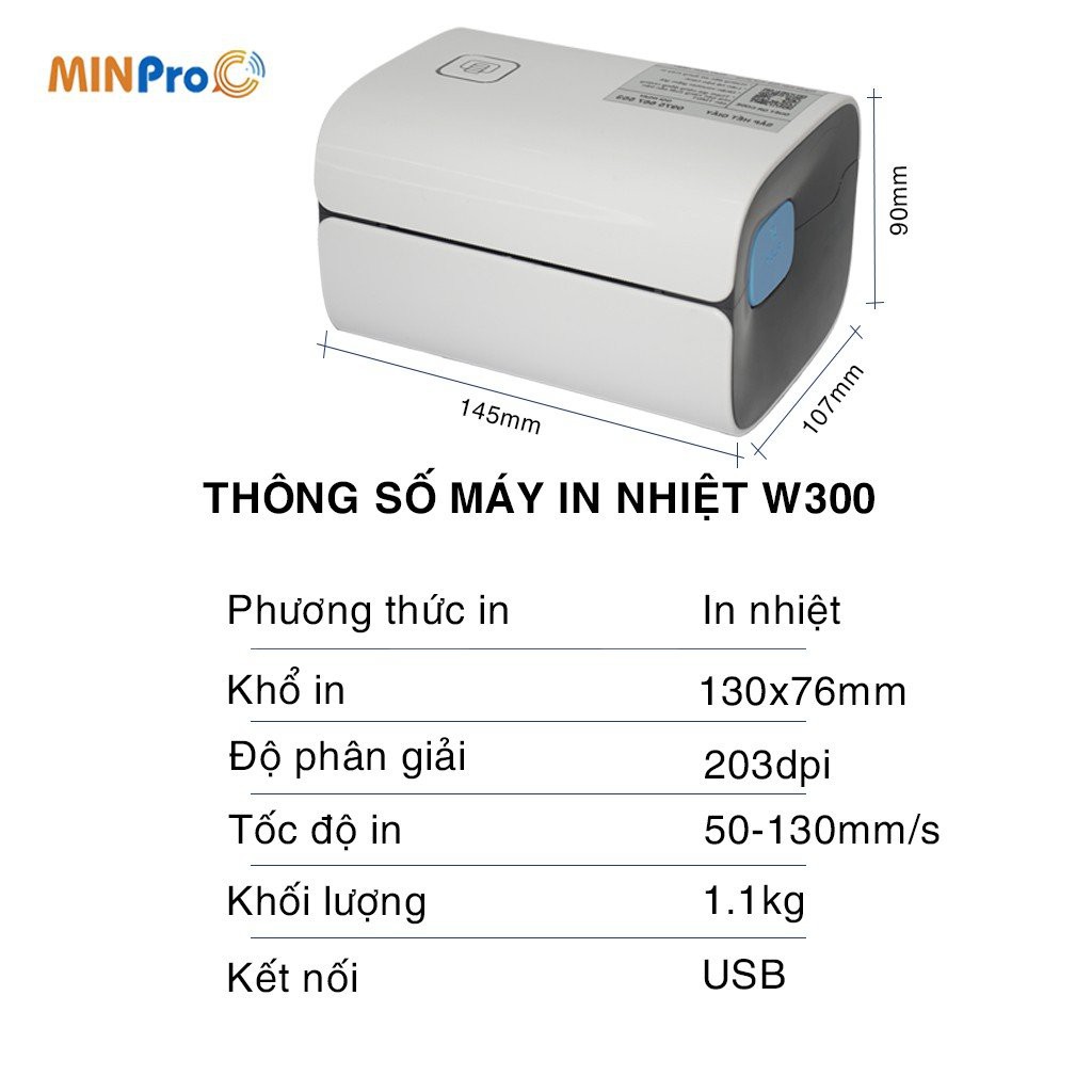 Máy in đơn hàng MINPRO W300 in nhiệt khổ A7, in mã vận đơn, tem mã vạch, hóa đơn, dùng giấy in nhiệt tự dính