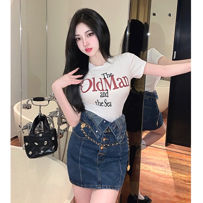 Set Áo Thun Ngắn Tay Cổ Tròn In Chữ + Chân Váy Denim Lưng Cao Ôm Dáng Thời Trang Cho Nữ