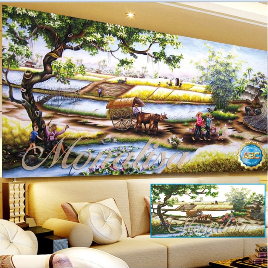 Tranh đính đá đồng quê,tranh gắn đá chưa gắn.