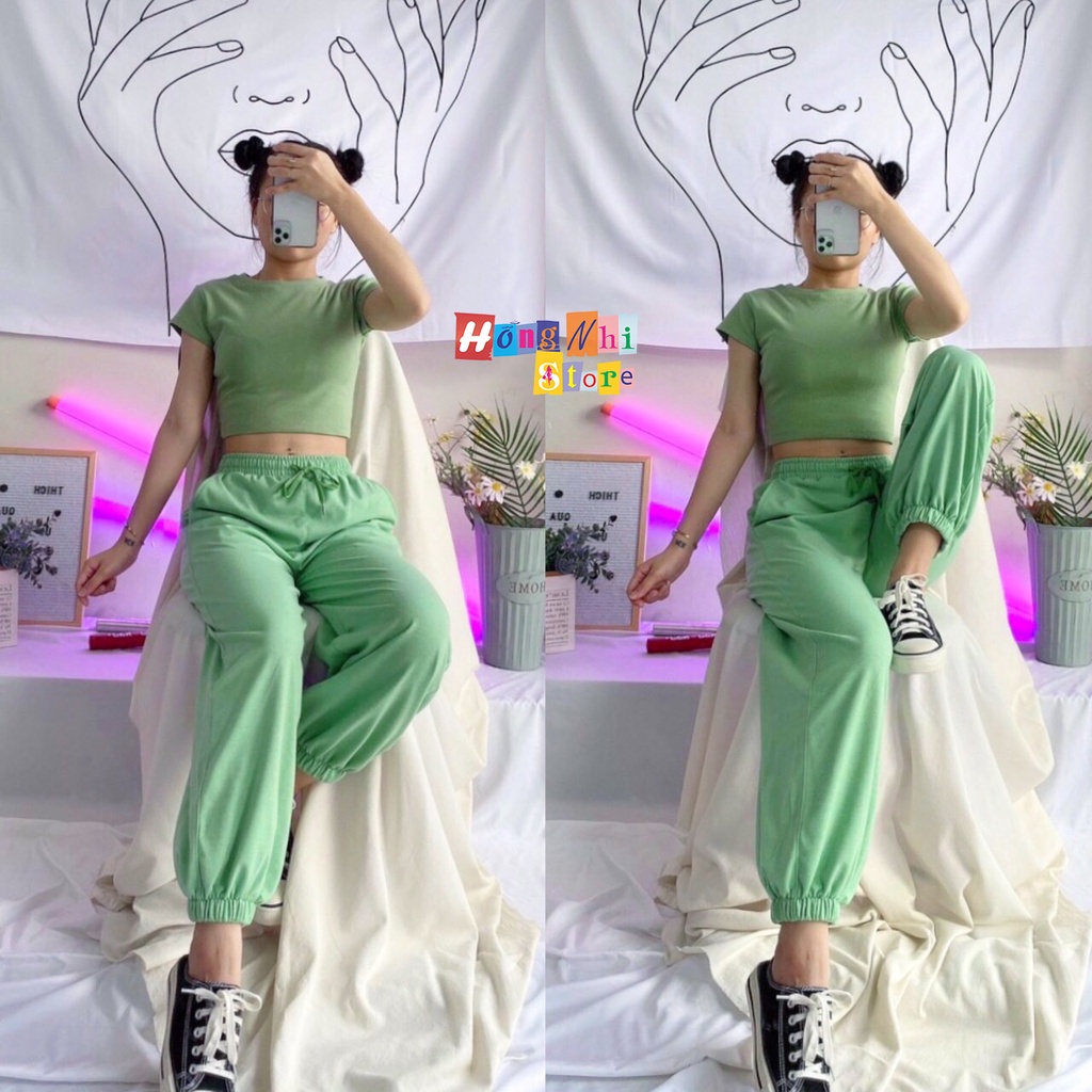 Set Bộ Áo Croptop Body Phối Quần Jogger Trơn Bo Lai Dáng Rộng Ulzzang - MM