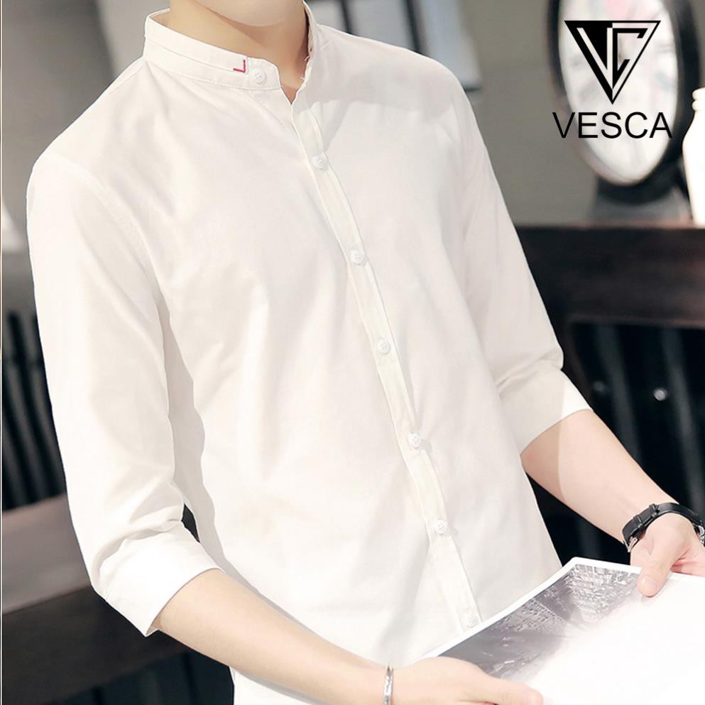 Sơ mi nam trắng cổ tàu công sở đẹp Vesca chất lụa co giãn thoải mái dáng rộng cao cấp Hàn Quốc B2