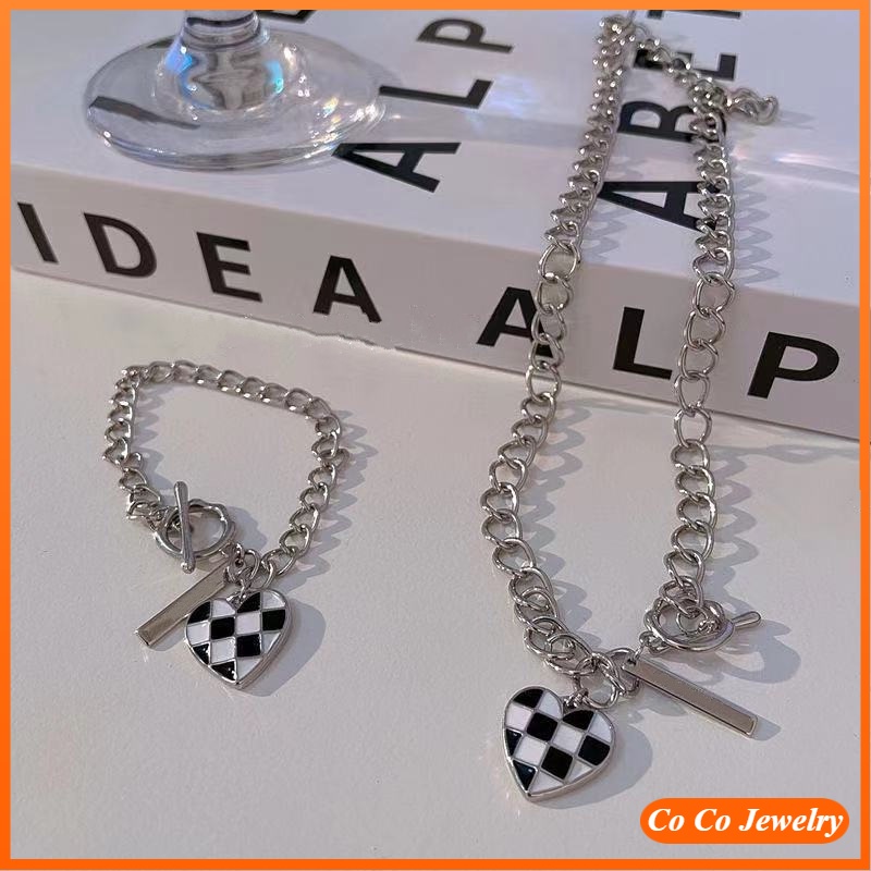 Vòng tay/ dây chuyền mặt hình tráI tim họa tiết kẻ sọc đơn giản phong cách Hàn Quốc dành cho nữ