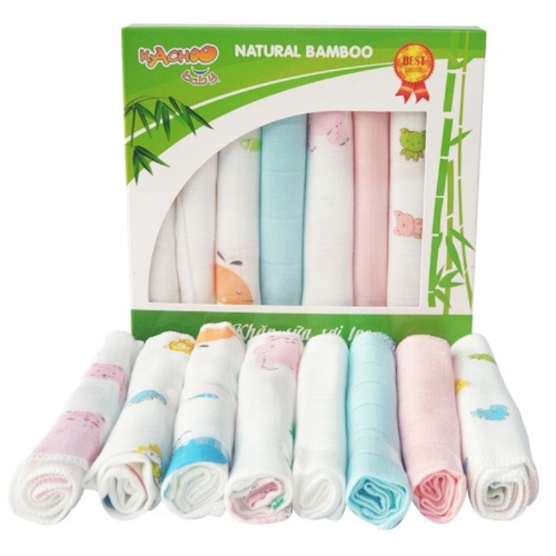 Hộp 8 Khăn Sữa Sợi Tre Cho Bé 30x30cm, 2 lớp KACHOOBABY Mềm Mịn Thấm Hút Kháng Khuẩn