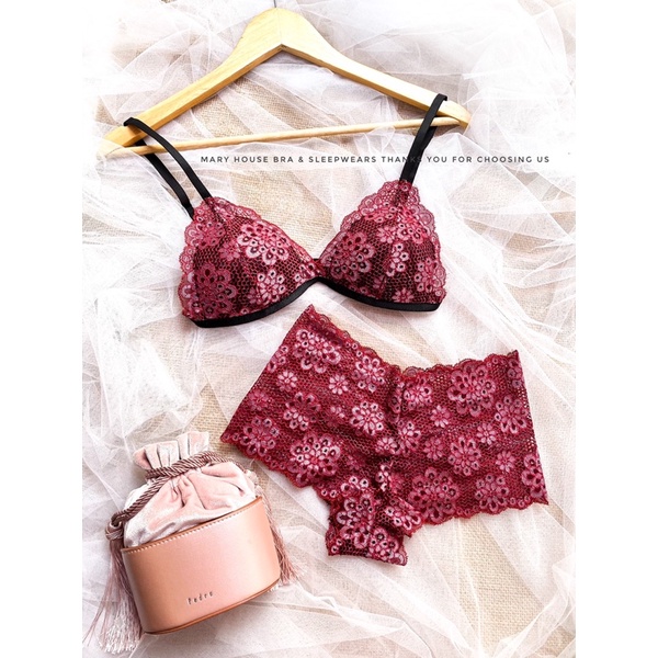 SET BRALETTE REN MÚT NGỰC QUẦN ĐÙI HOA MAI ĐỎ